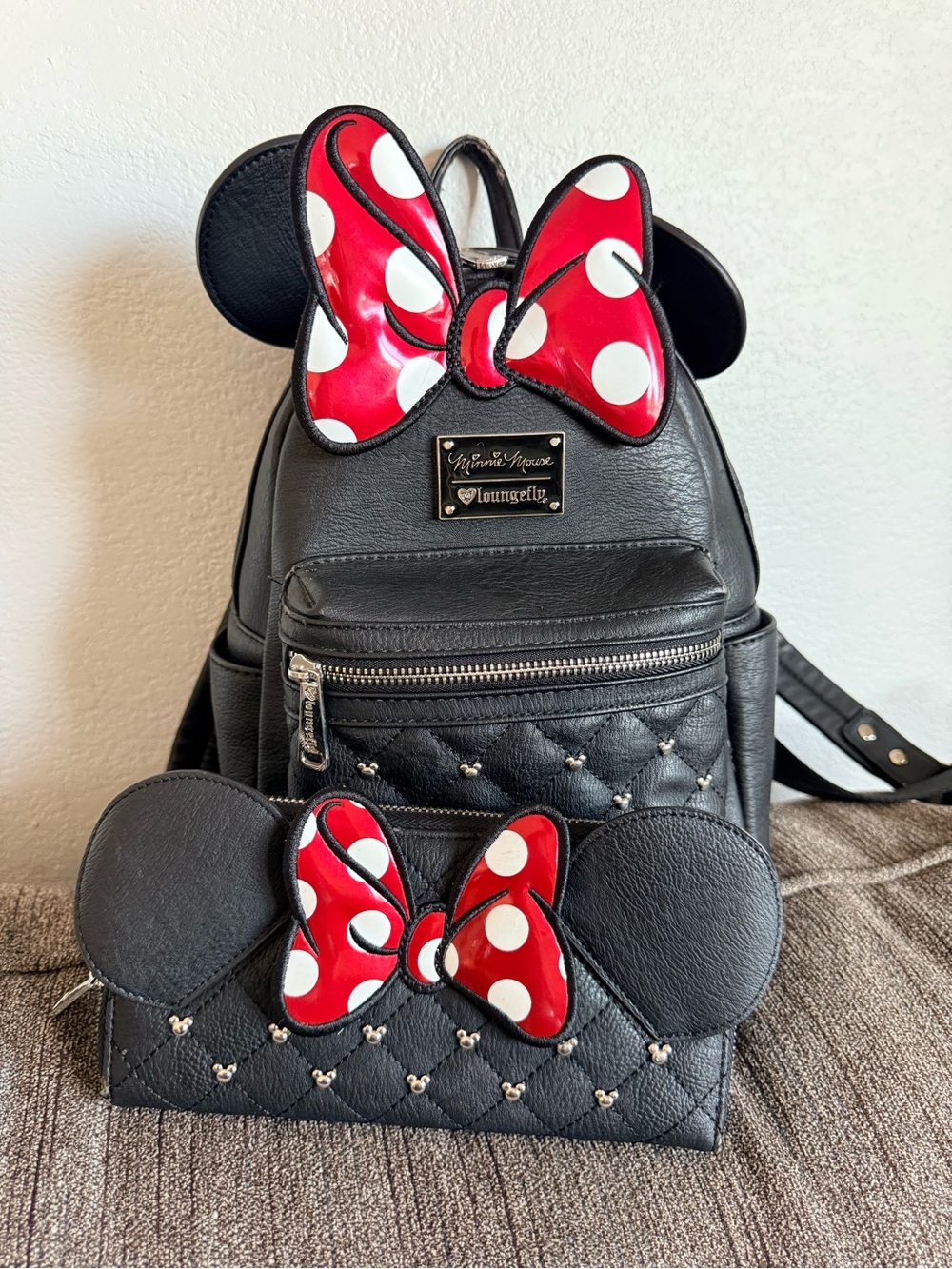 Loungefly Black Minnie Mouse Faux Leather Backpack with Red Polka Dot Bow